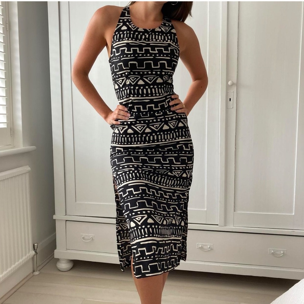 Nom De Plume Chic Black and White Patterned Midi Dress